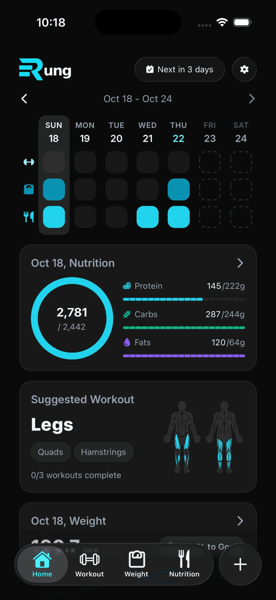 Rung home screen showing the weekly plan, daily nutrition with calories and macros, and a suggested leg workout