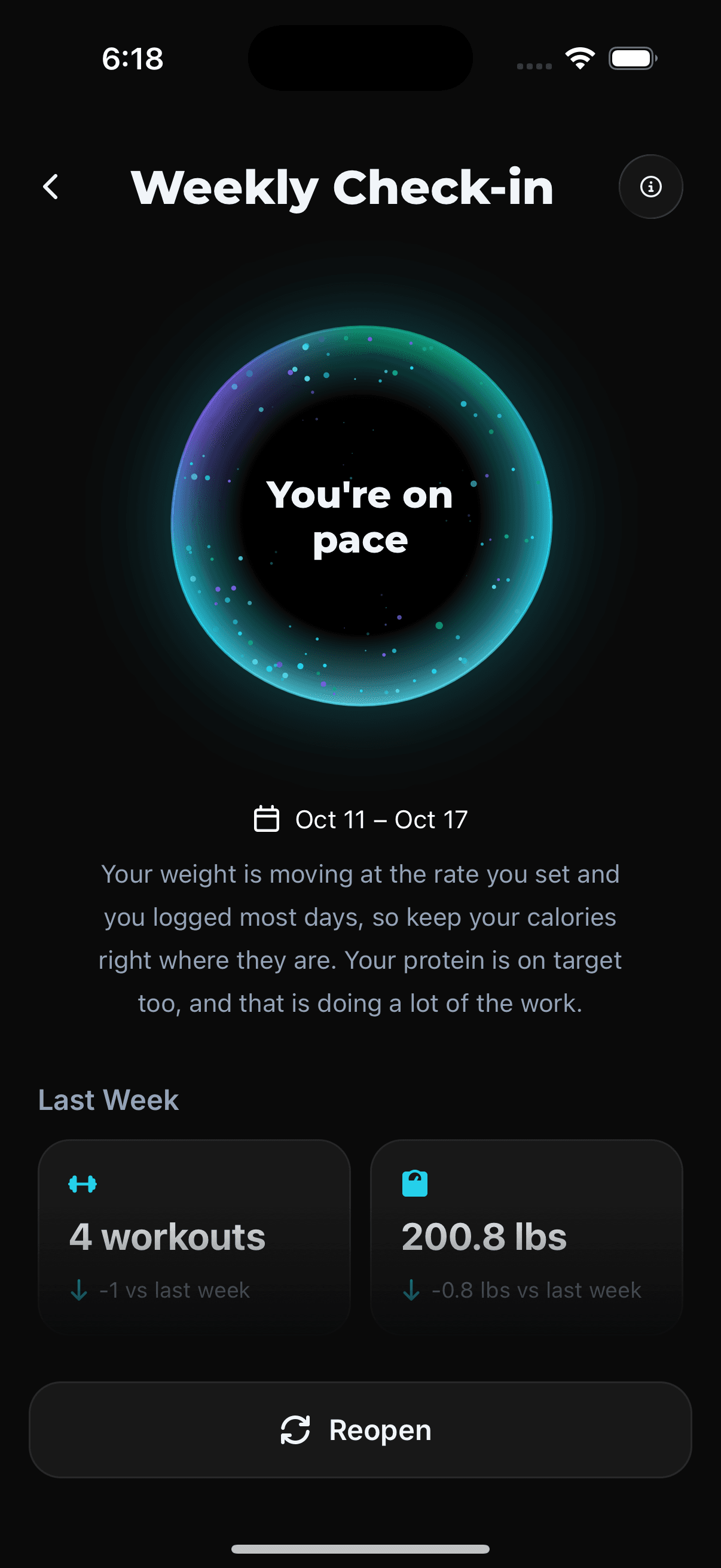 Rung weekly check-in showing an on-pace status and a summary of last week's workouts and weight